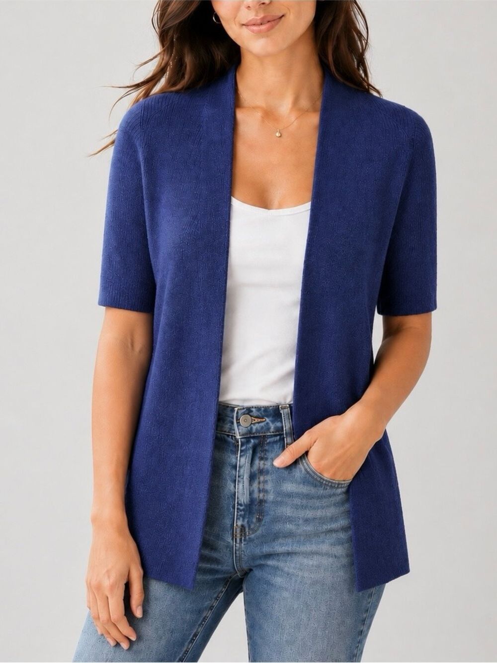 Eileen Fisher Cotton Silk Blend Short Sleeve Open Front Knit Cardigan Blue small